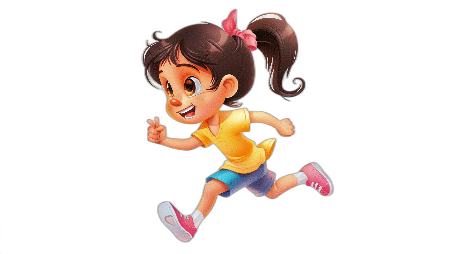 Cute cartoon girl running, full body shot, black background, in the style of Disney Pixar animation character design. She has dark brown hair in pigtails with pink bows on her head, wearing blue shorts and yellow tshirt, red shoes, smiling face, side view, fulllength portrait. Simple and cute, simple details, 2D animation style, full of energy, cheerful expression. High resolution, high quality.