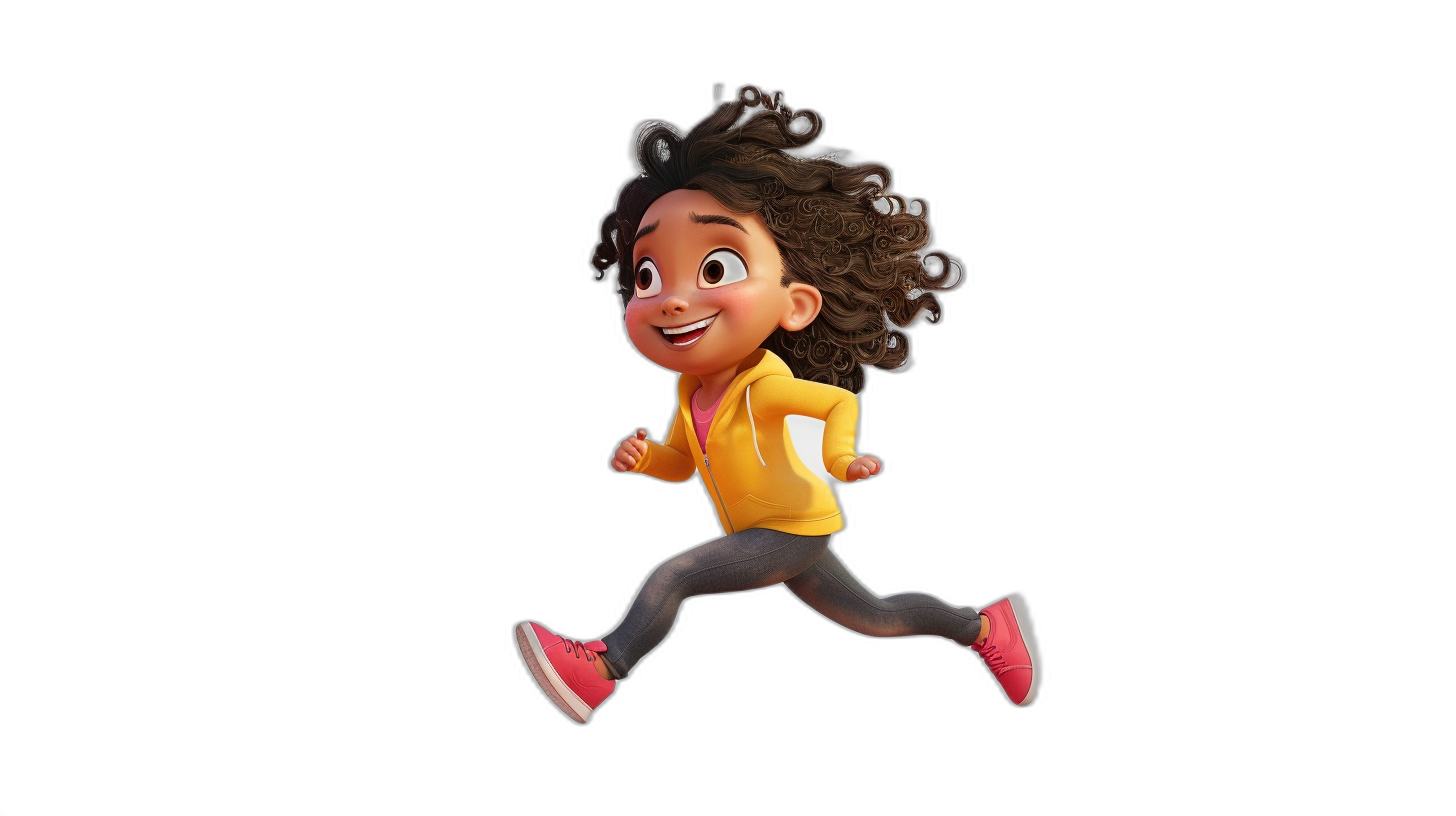 3D character of an African girl, happy and smiling with curly hair wearing a yellow jacket, grey leggings and red shoes running on a black background, in the style of Pixar.