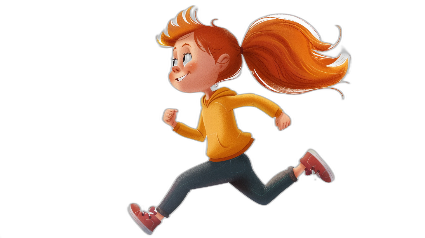 A young girl with red hair and an orange shirt running in the style of a cartoon, full body, on a black background, with high resolution, high quality photography.