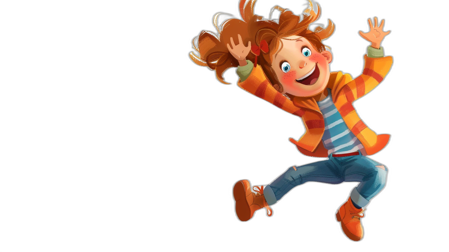 A cute girl is jumping with a happy expression, wearing an orange jacket and a blue striped shirt with jeans underneath, her hair tied back, against a black background, in the cartoon style of Disney Pixar animation, with colorful colors, high resolution, high details, and high quality.