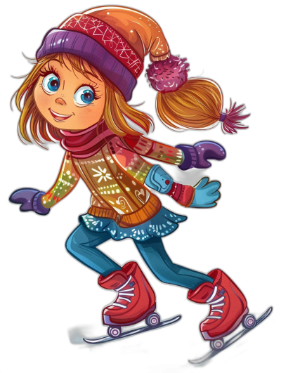 Cute girl on ice skates, wearing winter  and gloves. She has long brown hair with bangs, blue eyes, wears red boots, an orange hat decorated with pink wool balls, a purple scarf around her neck, a knitted sweater in various colors, in the style of a clip art illustration for a children's book. Isolated black background color.