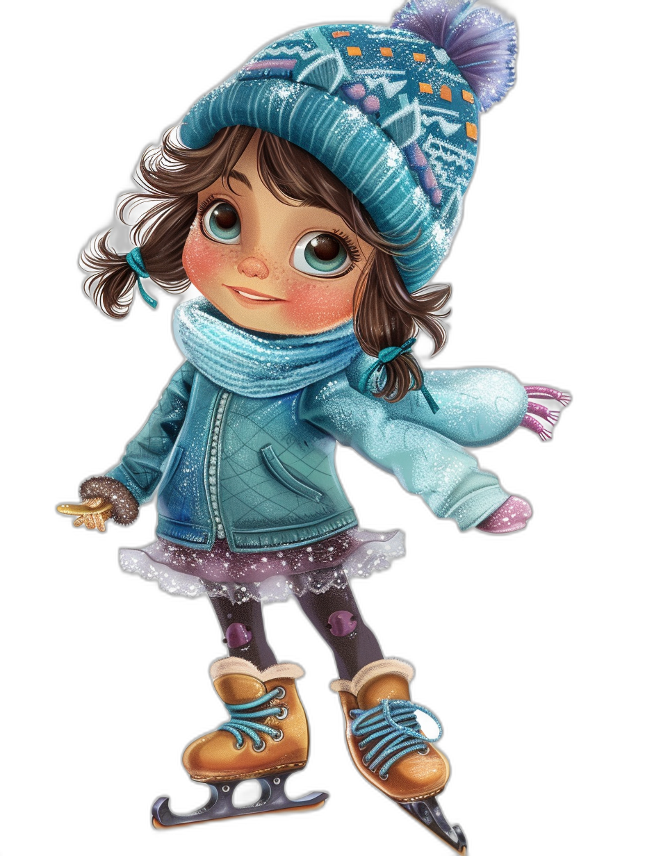 A cute little girl wearing winter  and ice skates, digital illustrations in the style of clipart, black background, colorful cartoon art, hyperrealistic portrait art, 2D game art, adorable toy sculptures, blue toned art, 3D art, full body portrait.