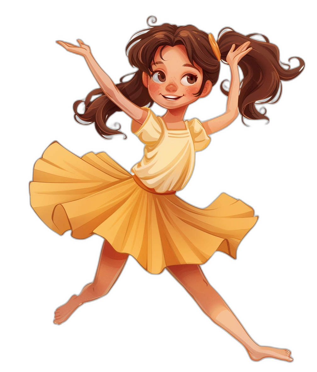 A cute young girl in a yellow dress with brown hair in pigtails is dancing ballet on a black background, in the style of Disney with cel shading cartoon character.