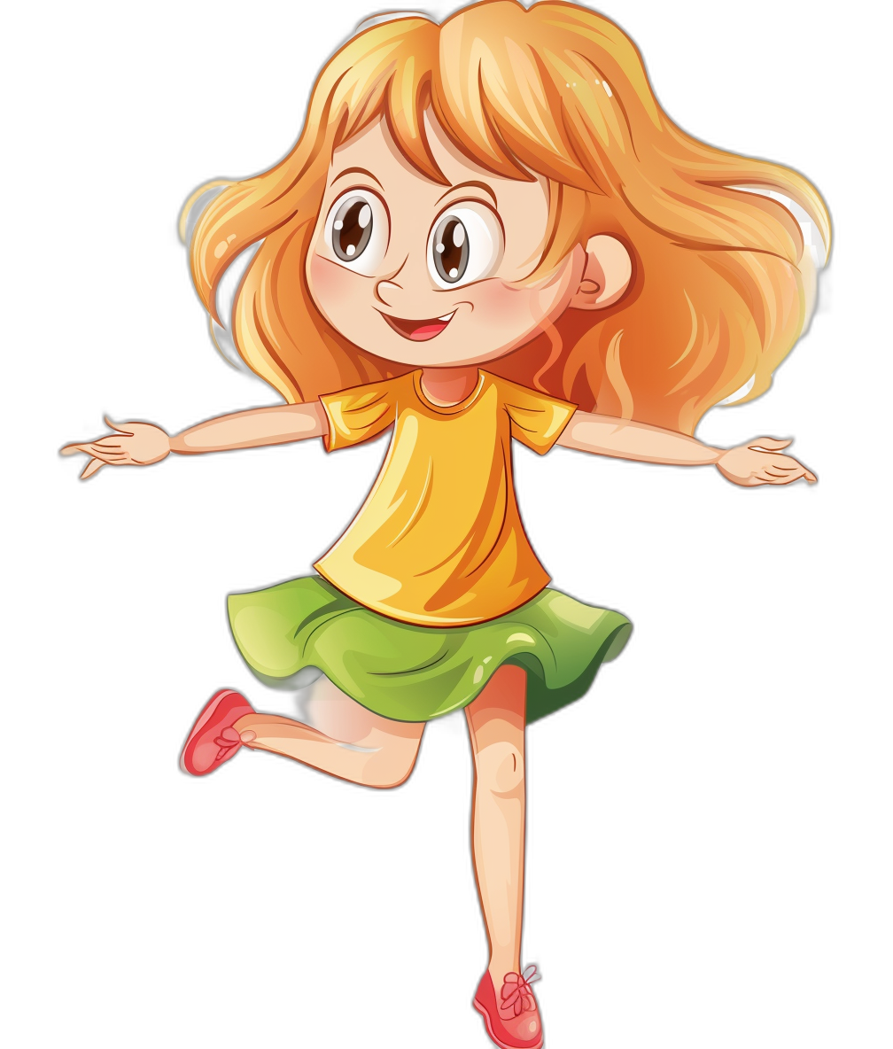 A cute cartoon girl in a yellow shirt and green skirt, red shoes, in a jumping pose, with a smiling face, blonde hair, in the simple drawing style, clip art sticker isolated on a black background with no shadow, high resolution picture, 2D digital animation graphic illustration in the style of Adobe Illustrator.