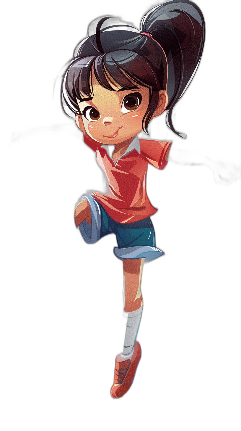 A cute Chinese girl, wearing red short sleeves and blue shorts with black hair in ponytails flying up to jump on the ground, full body portrait with a simple background in the cartoon style of a vector illustration in the style of Qversion Disney with a black background at a high definition resolution.