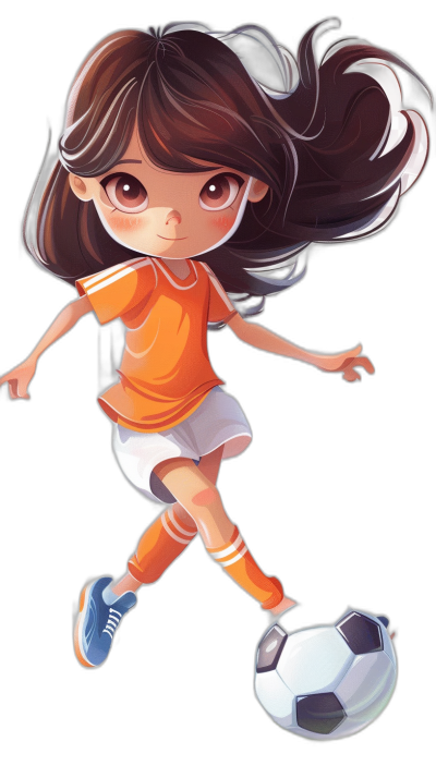 a cute chibi girl playing soccer, wearing orange tshirt and white shorts with blue shoes, dark brown hair, big eyes, full body black background