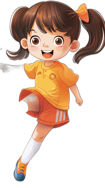 A cute little girl in an orange soccer jersey and red shorts is running with brown pigtails, smiling in a full body shot against a black background in the chibi style of Japanese anime character design. The full color, high resolution, flat illustration shows the front view of the girl in high detail and high quality with the best details in high definition.