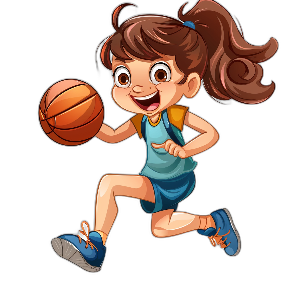 A cute happy girl playing basketball in the style of cartoon vector illustration on a black background.