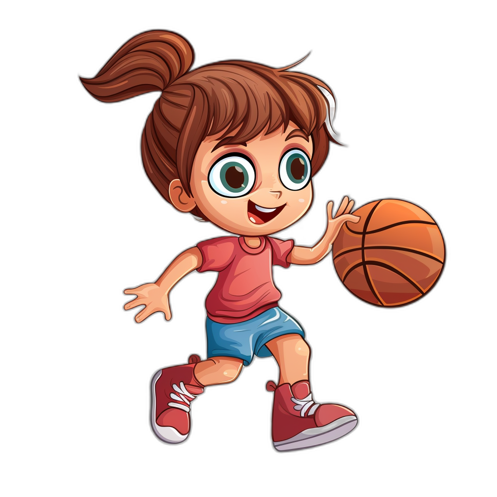 A cute little girl basketball player vector sticker logo cartoon character, with a simple design and solid black background. She is wearing a red shirt and blue shorts, white sneakers. The young female has big eyes and brown hair in pigtails. She’s dribbling the ball down the court ready to make a shot. Black isolated background, in the style of a vector illustration, with flat colors, vector art.