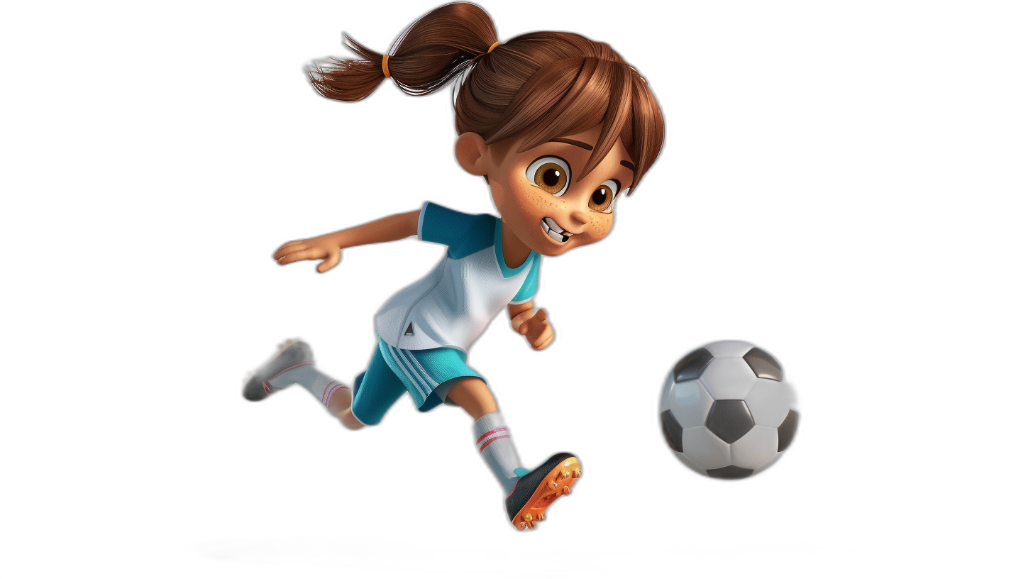 A little girl playing football in the style of cartoon style, full body shot, 3D rendering, black background, 2d game art, in the style of Disney Pixar, high resolution, high quality