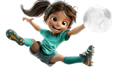 A young girl in a teal soccer jersey, green shorts and black shoes kicking the ball in midair, in the style of Disney Pixar, black background, 3D render, character design.