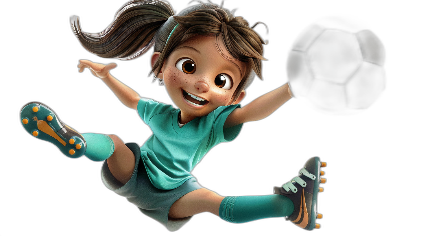 A young girl in a teal soccer jersey, green shorts and black shoes kicking the ball in midair, in the style of Disney Pixar, black background, 3D render, character design.