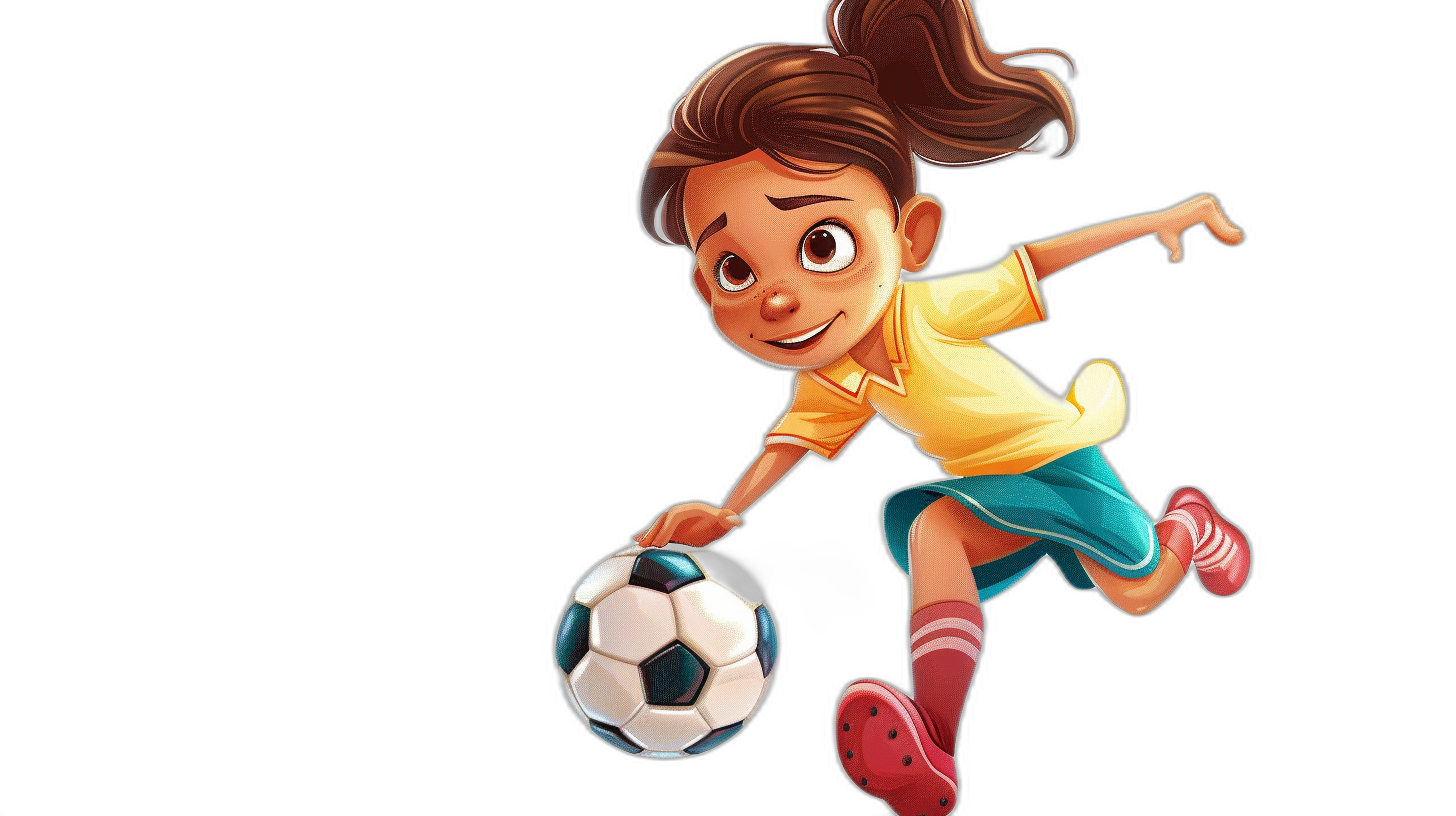 Cartoon girl in a soccer uniform kicking a ball, in the cartoon style, on a black background, with a simple design, like 2D game art, in the style of Disney Pixar, with a cute character design, using bright colors, like colorful animation stills, with flat shading, and simple details, as a full body portrait, with 3D rendering, of cartoon characters, conveying childlike innocence and charm with simple lines and low detail, in