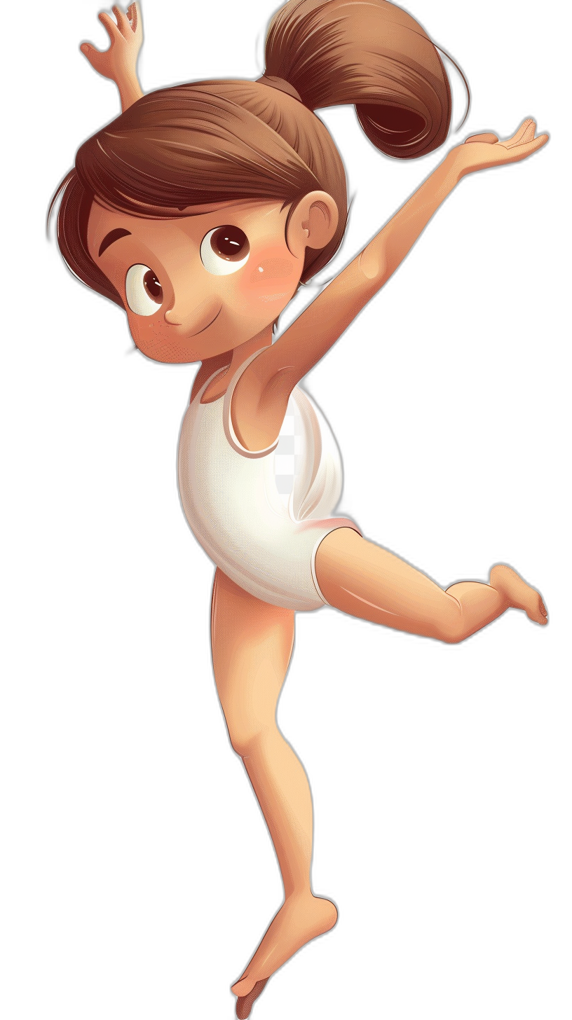 A cute cartoon girl in white leotards with brown hair in pigtails is doing gymnastics on a black background, in the style of Pixar.