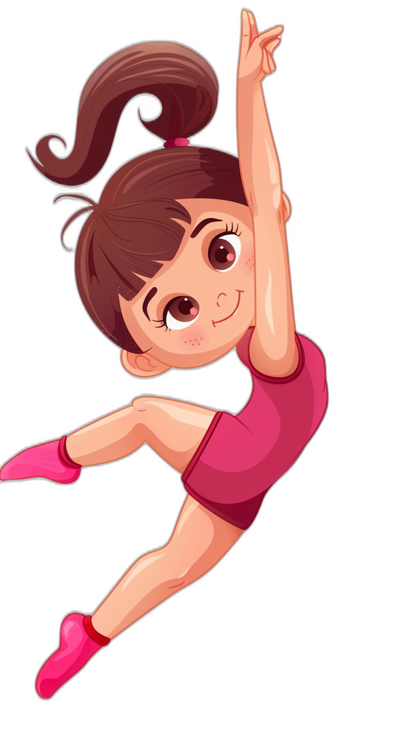 A cute little girl in pink sportswear is doing gymnastics, vector illustration style with black background and simple details. She has brown hair tied into pigtails on the side of her head. Her eyes have thick eyelashes and big round dark circles under them. The corners of his mouth were slightly raised to form an evil smile. He was wearing red shoes. His hand rose up high as if he will do some random movement. Full body shot. Flat design. Simple lines. Colorful colors. Black background.