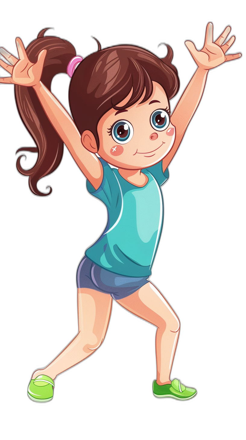 A cute little girl is doing stretching exercises in a simple cartoon style. This vector illustration has a black background and solid color . She has big eyes, brown hair in pigtails, wearing blue shorts and green shoes on her feet. She is waving at the camera happily while performing stretch movements. Her hands were raised above head level in the style of a vector illustration.