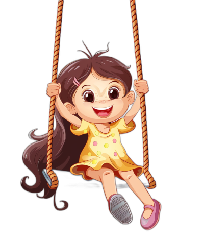 Cute cartoon girl swinging on the swing, smiling happily with a black background. The art style is 2D game art, with colorful animation stills and character caricatures in simple designs with bold colors and cute expressions. She is wearing a yellow dress with pink shoes. Her hair is long dark brown hair with some braids. The background is black and isolated.