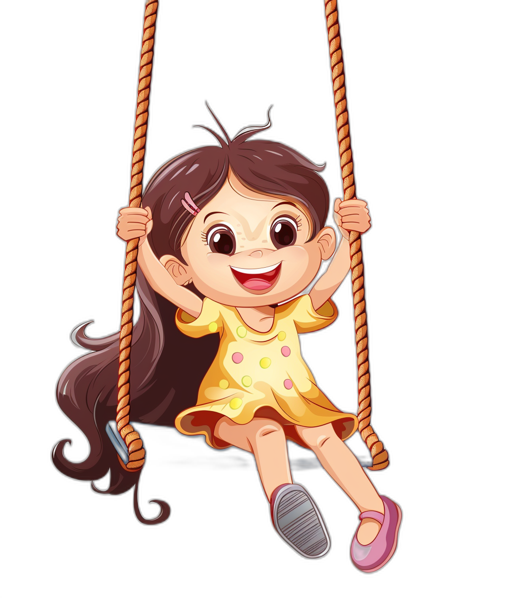 Cute cartoon girl swinging on the swing, smiling happily with a black background. The art style is 2D game art, with colorful animation stills and character caricatures in simple designs with bold colors and cute expressions. She is wearing a yellow dress with pink shoes. Her hair is long dark brown hair with some braids. The background is black and isolated.