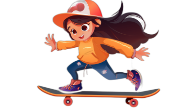 A cute girl is skateboarding in a cartoon style character design with a black background. The design is simple and clean with a high resolution and no shadows. It is a full body portrait that is full of vitality, like 2D game art. She wears an orange hat on her head, blue jeans, and purple shoes. Her long hair flutters behind her back in the style of 2D game art.