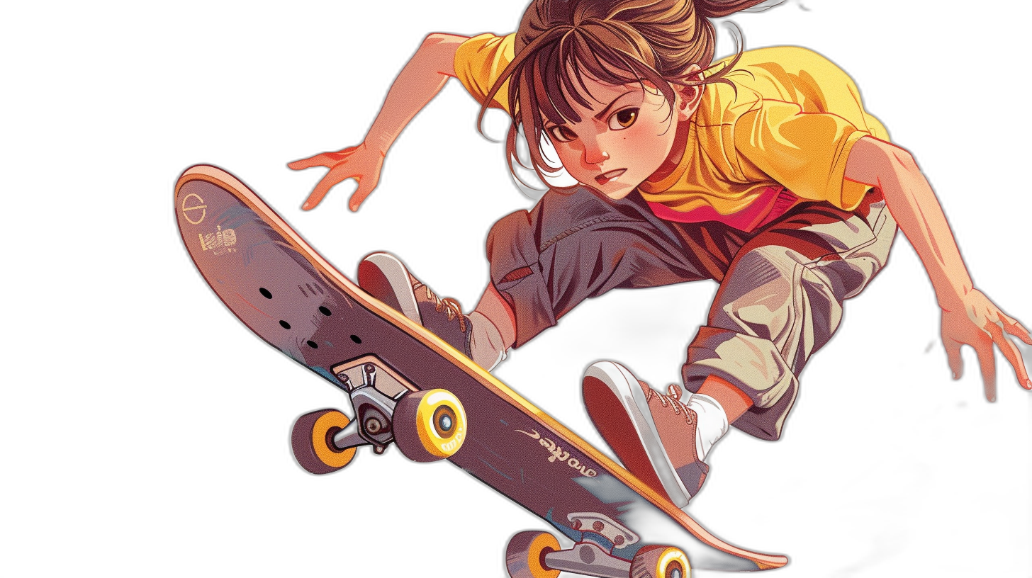 A girl is doing skateboard tricks. She has brown hair and a yellow shirt against a black background. The style is anime. In the style of [Katsuhiro Otomo](https://goo.gl/search?artist%20Katsuhiro%20Otomo) and [Jean Giraud](https://goo.gl/search?artist%20Jean%20Giraud), it is colorful with highly detailed and ultra detailed hyperrealistic cinematic lighting. The art uses line art and is a vector illustration masterpiece.