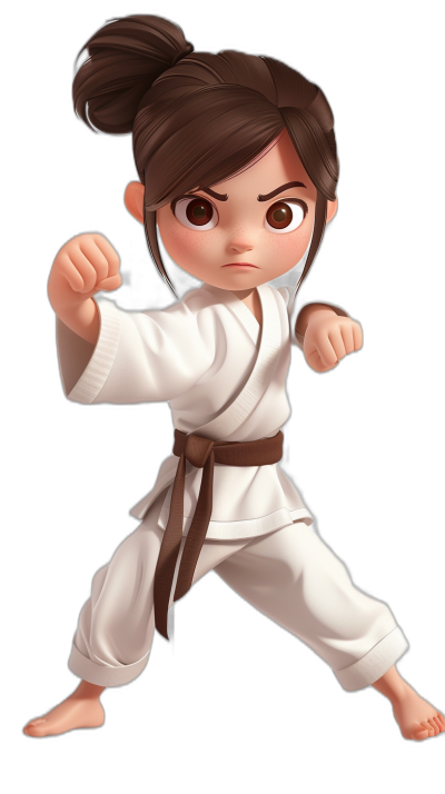 A little girl with brown hair in buns doing karate. She wears white pants and a belt, against a dark background, in the chibi style and Pixar character design.