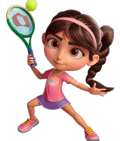 A girl playing tennis in the style of Pixar Disney. The cartoon style character design has a black background with the girl wearing pink and purple . She is holding the tennis racket in her right hand and hitting the ball with it. The girl is wearing sneakers on both feet and has brown hair tied into two braids. She has big eyes and is smiling. The 3D rendering is high resolution with detailed skin texture, bright colors, and high details. Studio lighting is used to provide super detail.