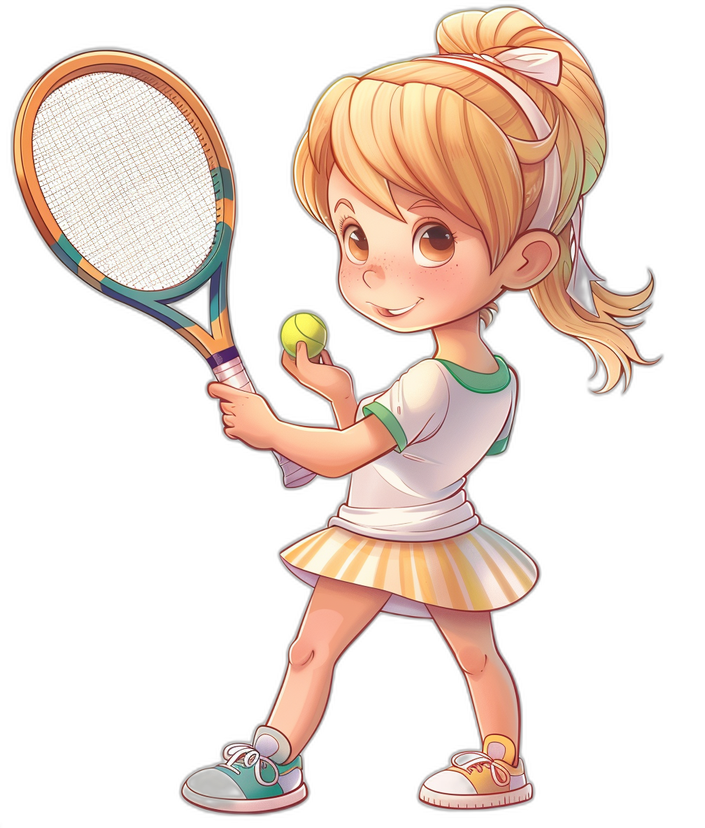 A cute little girl playing tennis, wearing white and green skirt with blonde hair in ponytail style, holding racket, holding ball, chibi character design, colorful cartoon illustration, black background, cute cartoon design, detailed facial features, wearing sneakers, happy expression, high definition resolution, full body portrait.