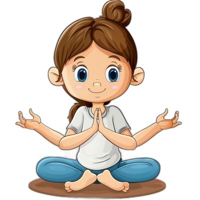 cartoon girl doing yoga, vector illustration on black background, tshirt design, cute adorable babygirl with brown hair in ponytail and blue eyes wearing white shirt sitting crosslegged or lotus pose for meditation, hands folded together at chest level