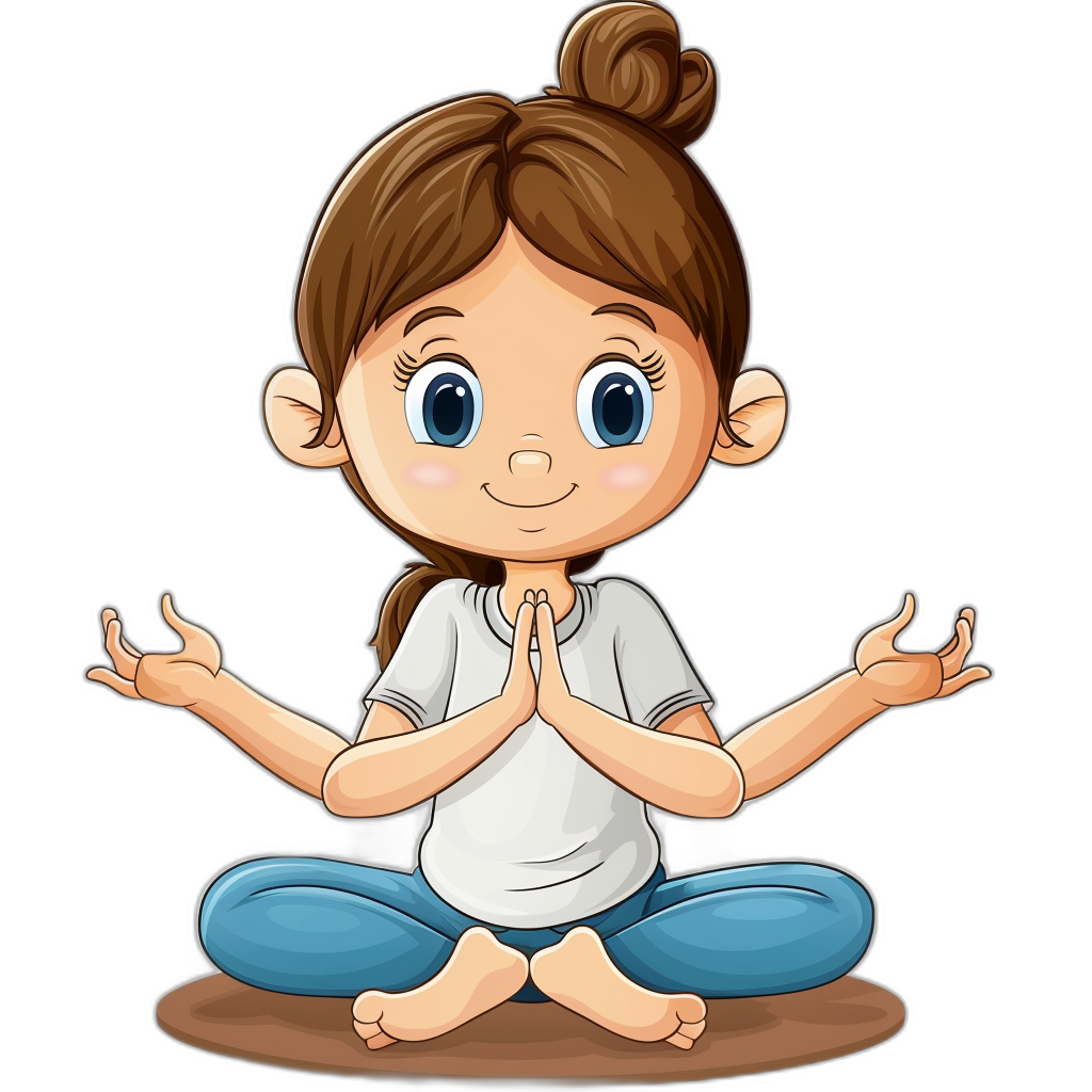 cartoon girl doing yoga, vector illustration on black background, tshirt design, cute adorable babygirl with brown hair in ponytail and blue eyes wearing white shirt sitting crosslegged or lotus pose for meditation, hands folded together at chest level