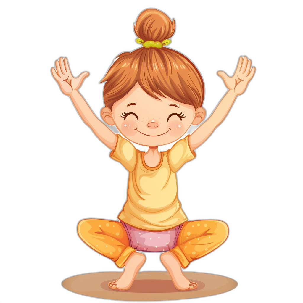 cartoon girl doing yoga, happy face, in the clip art style, isolated on a black background