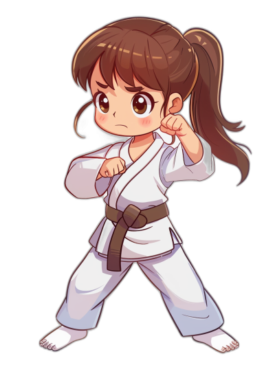 chibi girl doing karate, white gi with black belt, dark brown hair in a ponytail and bangs, kung fu pose, in the style of key animation, pure black background