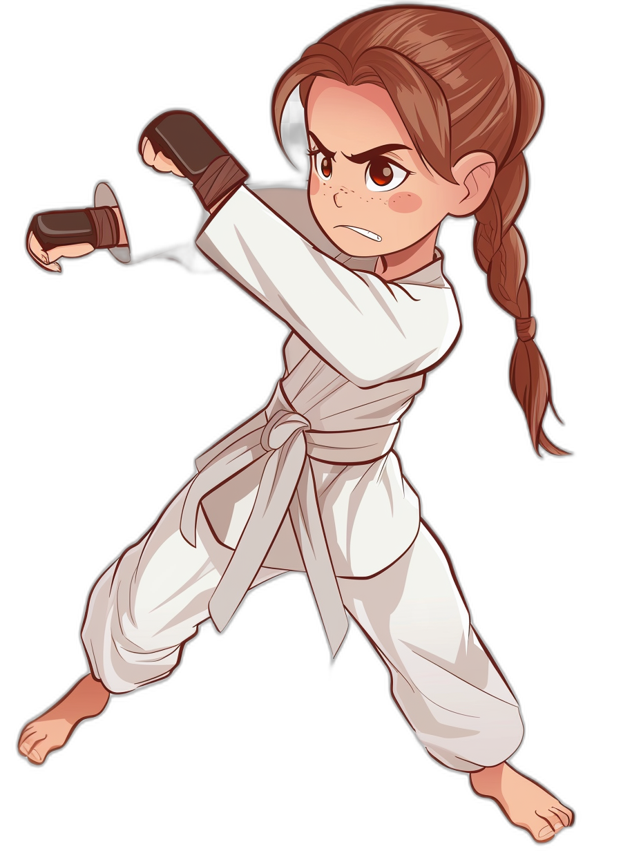 chibi female martial artist in a white gi, with brown hair braided, against a black background, in the cartoon style.