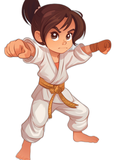 A young girl with dark brown hair in pigtails, wearing white jiujitsu gi and black belt is doing karate pose. She has an angry expression on her face. Her eyes have thick eyeliner that adds to the grumpy look she's giving off. The background of the illustration should be plain black. In chibi style, vector art. Full body portrait. Isolated on black background.