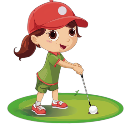 A cute little girl playing golf in a vector illustration style with a black background and a green circle on the ground. She is wearing red shoes and has brown hair. The cap she wears should have white dots on it, while her outfit includes a dark blue top paired with light pink shorts. Her expression shows confidence as if preparing to hit the ball. A small piece of grass can be seen at one side near her feet, indicating that she may have just been taking a practice shot or getting ready for action.