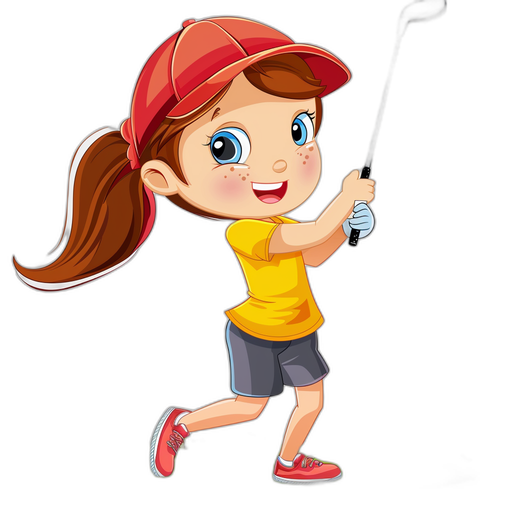 A cute little girl playing golf, cartoon style vector illustration with black background. She is wearing red cap and yellow tshirt. Her hair in ponytail hairstyle. Holding the club while smiling happily. The expression on her face reflects joy as she enjoys his activity. Vector Illustration of Cartoon character isolated clipart for child book Black Background. Isolated on white background. . No Shadow. Full body Shot