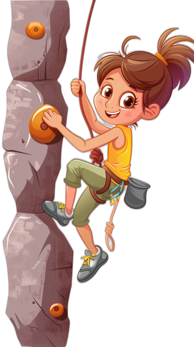 A girl is climbing on the rock wall in the style of a cartoon vector illustration for kids with a black background. She is wearing sportswear and holding ropes. She has brown hair in pigtails, big eyes and a smiling face. The colors of her outfit include a yellow top and green pants. There's an orange ball hanging from one side of her head, and she wears gray shoes. In front there’s a grey wall with rocks. It captures movement while maintaining simplicity. No shadows or gradients are used. It has a vectorized flat design. Isolated on white.