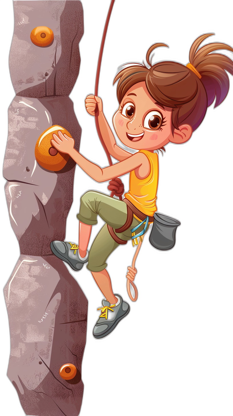 A girl is climbing on the rock wall in the style of a cartoon vector illustration for kids with a black background. She is wearing sportswear and holding ropes. She has brown hair in pigtails, big eyes and a smiling face. The colors of her outfit include a yellow top and green pants. There’s an orange ball hanging from one side of her head, and she wears gray shoes. In front there’s a grey wall with rocks. It captures movement while maintaining simplicity. No shadows or gradients are used. It has a vectorized flat design. Isolated on white.