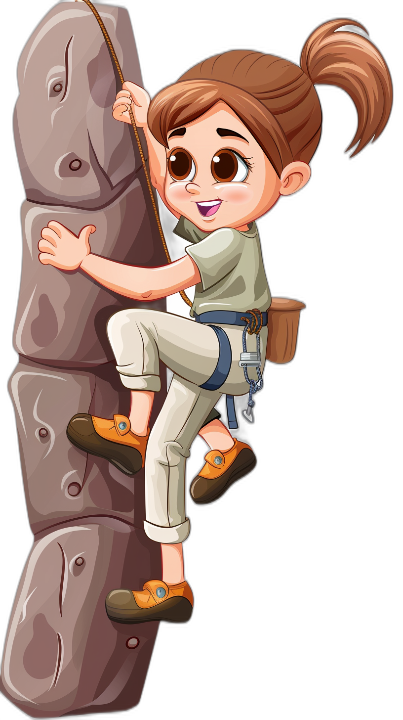 A cute cartoon girl explorer climbing on rocks in the style of vector illustration, flat design, simple lines, black background, white color for character and brown colored outfit, big eyes with eyelashes, hair tied back into a ponytail, wearing sandals, hanging from the side of a rock wall holding a rope, full body shot, no outline, high resolution, high quality, high detail, clipart style.