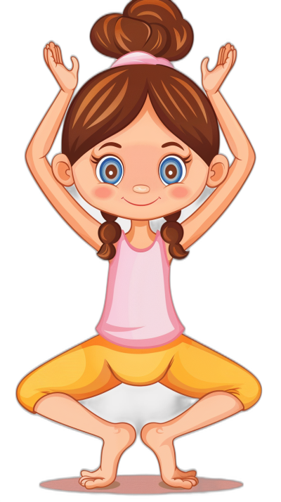 A cute cartoon girl doing yoga, clip art style, vector illustration for children's book on black background, full body shot, full of details, high resolution, no shadows and with good light source.