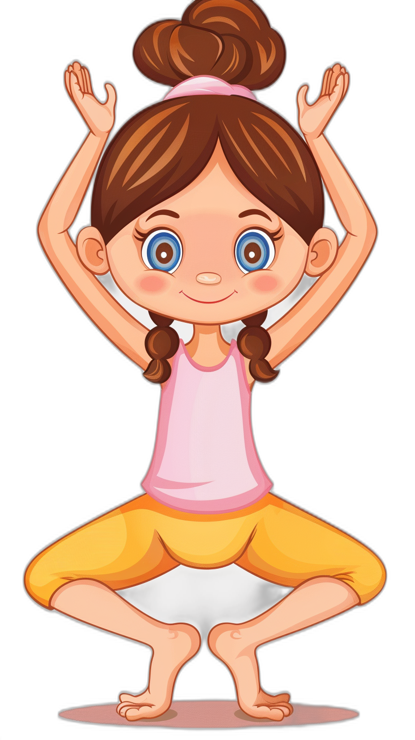 A cute cartoon girl doing yoga, clip art style, vector illustration for children’s book on black background, full body shot, full of details, high resolution, no shadows and with good light source.