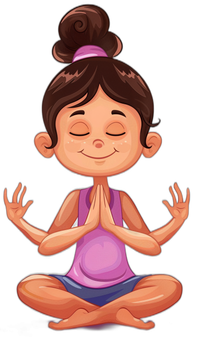 A cartoon-style girl doing yoga, wearing purple and dark blue with her hands folded in front of her chest to meditate, on a simple black background, in a flat illustration style with high resolution and rich details as a vector graphic, with a cute expression. A happy face is depicted on one side of her head, she has brown hair tied into two buns. She wears pink eyelashes, big eyes, a smiling mouth, in a full body portrait sitting cross-legged with her legs crossed, holding her breath in her hand in the style of him.