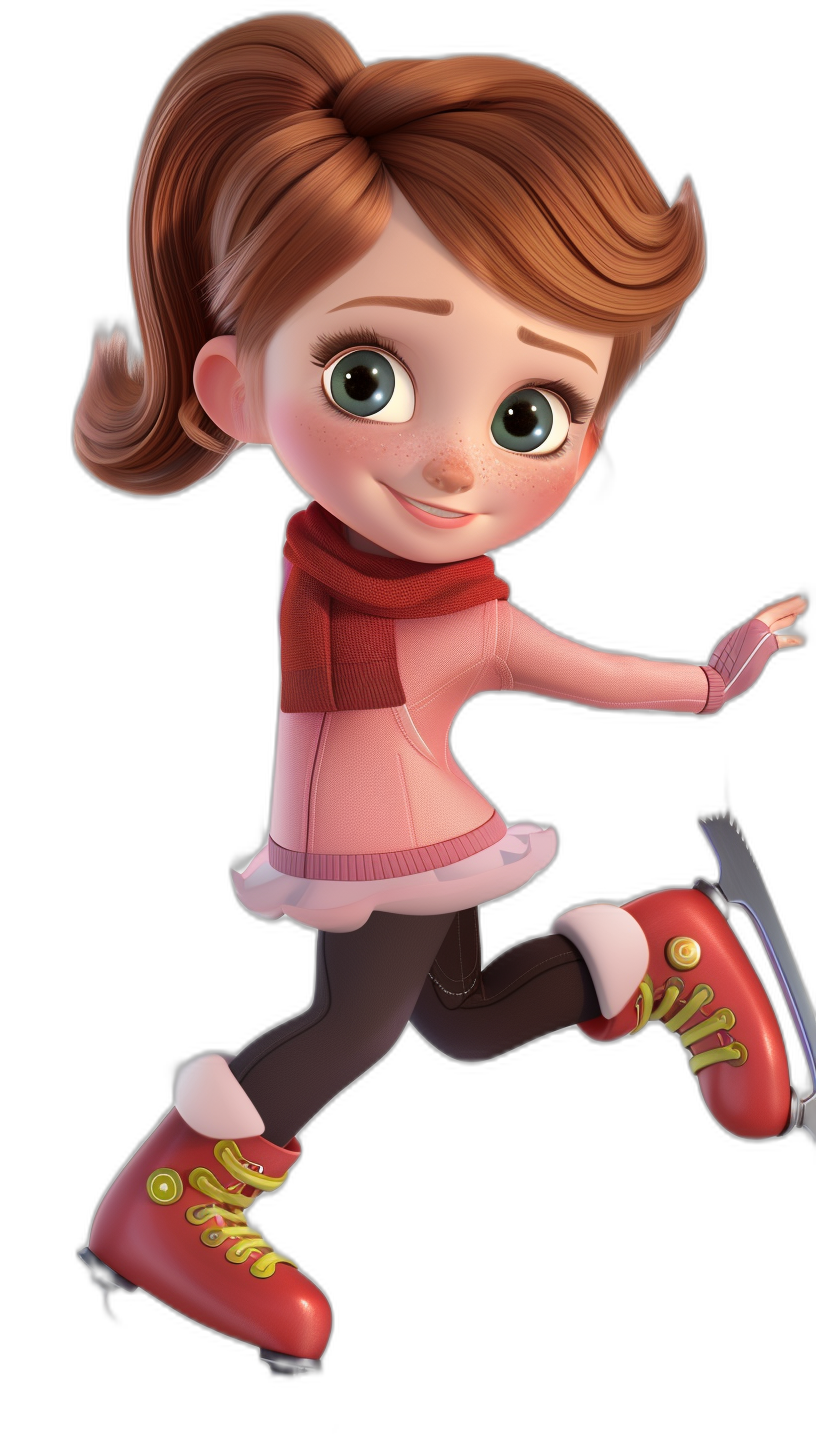 Cute girl ice skating in the style of Pixar and Disney CGI animation studio cartoon characters, with brown hair in a red ponytail, wearing a pink dress, sweater, and dark grey pants, skates on her feet, against a black background, in a full body shot, with high quality, high resolution, and high detail.