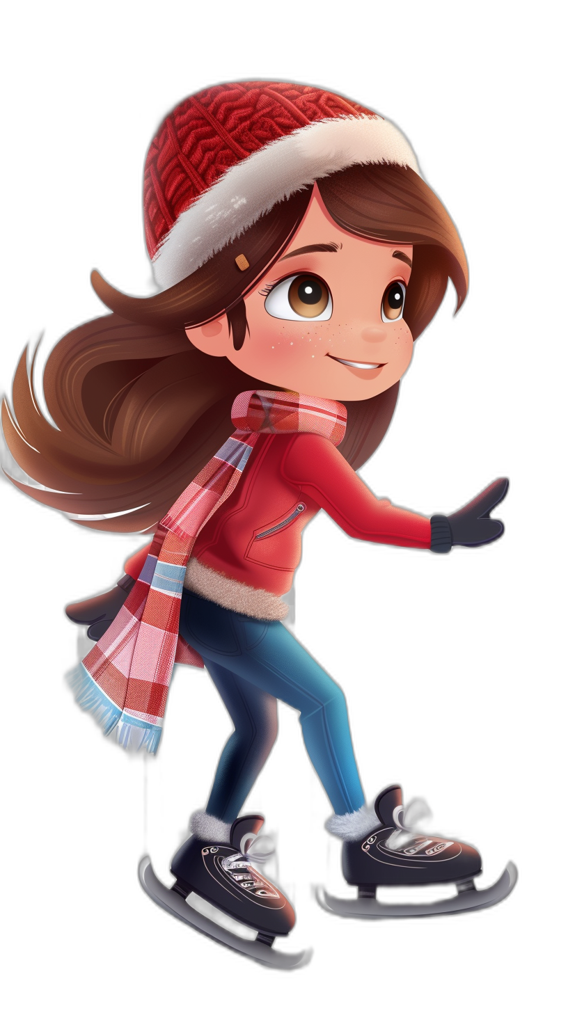 A cute girl ice skating in the style of cartoon, black background, wearing a red hat and scarf, brown hair with bangs, blue jeans, flat illustration, 2D design, simple details, full body portrait shown from the side, smiling face, flat color blocks, graphic characters, chibi character style, 45 degree perspective