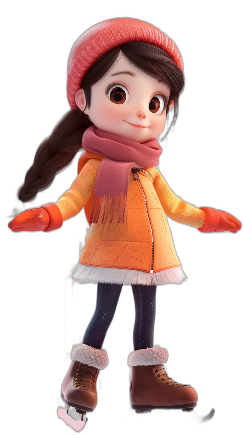 A cute girl wearing an orange coat, pink hat and scarf is ice skating on a black background in the style of Pixar. She has long brown hair tied into pigtails, big eyes, rosy cheeks, winter boots with white woolen socks, red gloves and skates under her feet. Her hands do not have skin, creating a 3D effect. The overall atmosphere of the illustration should be warm and cozy.