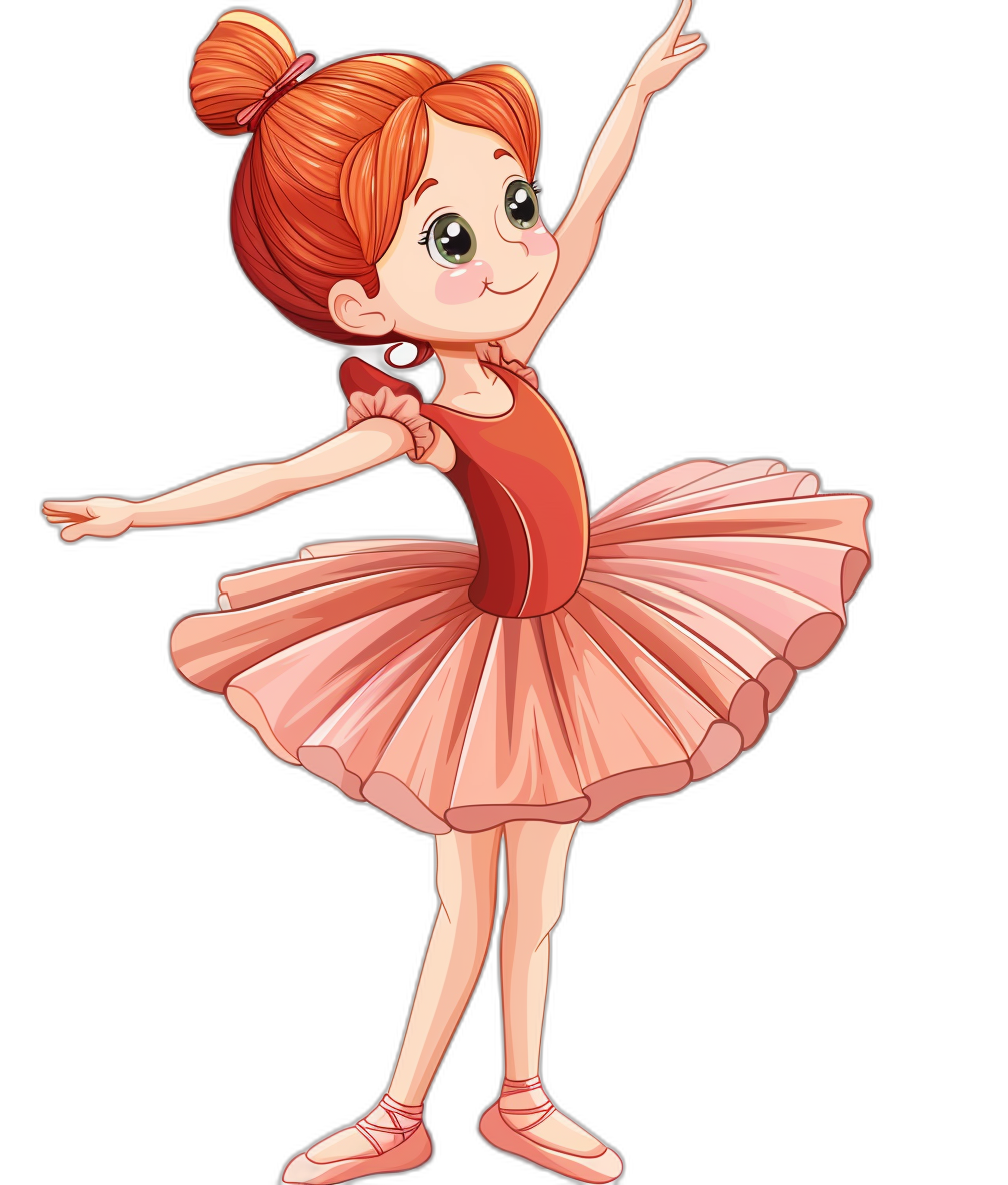 A cute little girl ballerina in the style of digital cartoon art, clipart on a black background, wearing a red tutu and pink ballet shoes, with ginger hair up in pigtails, in a full body pose.