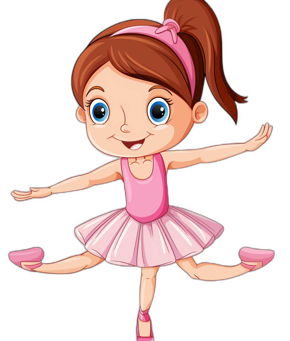 Cartoon illustration of little girl in pink ballet outfit, dancing with one leg raised and the other on ground, cartoon style, simple lines, vector graphics, black background, cute expression, big blue eyes, hair tied back, smiling face, pink shoes, graceful pose, elegant movements.