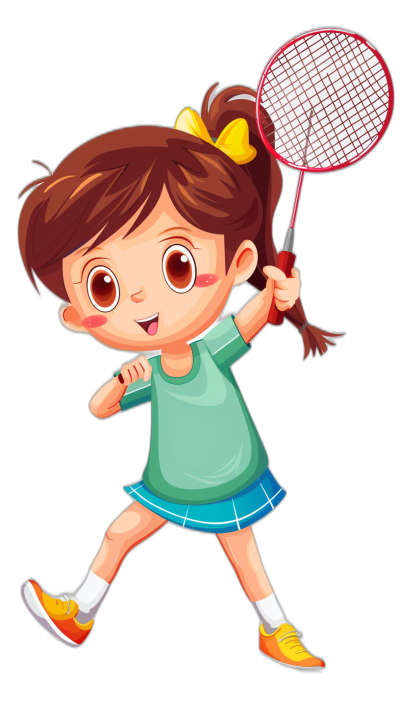 Cute little girl playing badminton in the style of a cartoon, with simple lines and a flat illustration against a black background without shadows or highlights. The illustration is of high resolution without any text or logos.