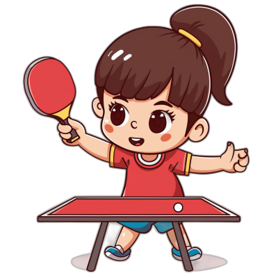 Kawaii style, vector design for t-shirt printing of a chibi girl playing table tennis in the style of a red uniform and white shoes on a black background, front view, cartoon character, vector illustration, flat colors, sticker art, no shadow in the picture, cute and happy expression, solid color background, 2D, simple lines, high resolution, high details, high quality