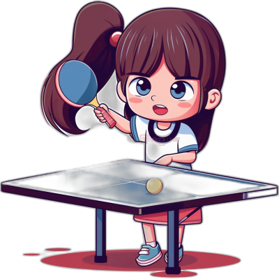 A cute girl playing table tennis in a vector illustration style with flat design and simple shapes on a black background, using dark blue as the main color tone to highlight her character's characteristics, with bright lighting and soft shadows creating an atmosphere of fun in a cartoon sticker art style.