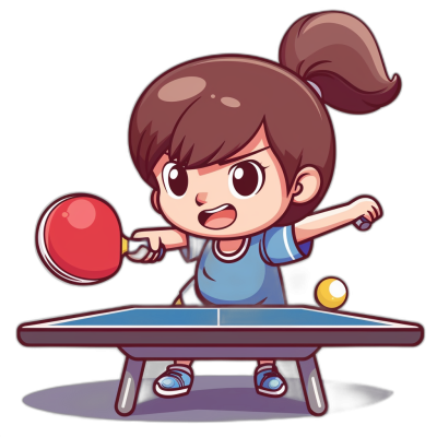 A cartoonstyle illustration of an Asian girl playing table tennis, vector style, flat design, with black background and red color palette. The character is wearing blue and holding the Red Pong enchanted player's stick in her right hand while serving on one side of the desk. She has brown hair tied back into ponytail and big eyes, looking focused as she vibrates to hit the ball towards opposite end of round wooden padel table. Her expression conveys excitement or joy during game.